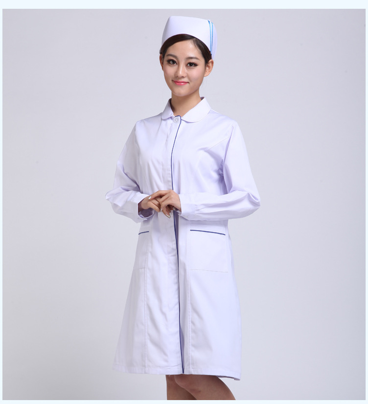 護士服冬裝娃娃領白se加藍邊 長袖醫(yī)生服護士服白大褂