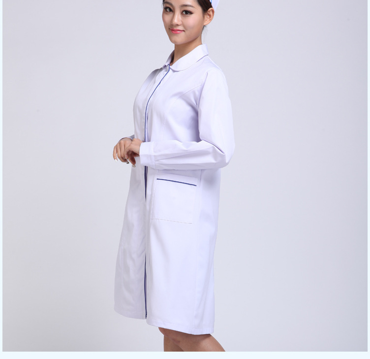 護士服冬裝娃娃領白se加藍邊 長袖醫(yī)生服護士服白大褂